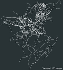 Detailed negative navigation white lines urban street roads map of the VATNSENDI DISTRICT of the Icelandic regional capital city of Kópavogur, Iceland on dark gray background
