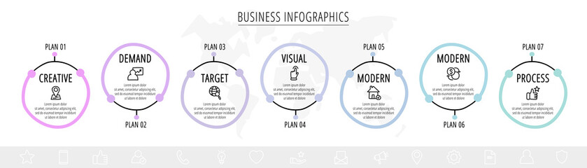Fototapeta premium Drawn vector line infographics with seven circles and icons. Flat chart process template with 7 steps. Sketch timeline for business project, presentation, web, diagram
