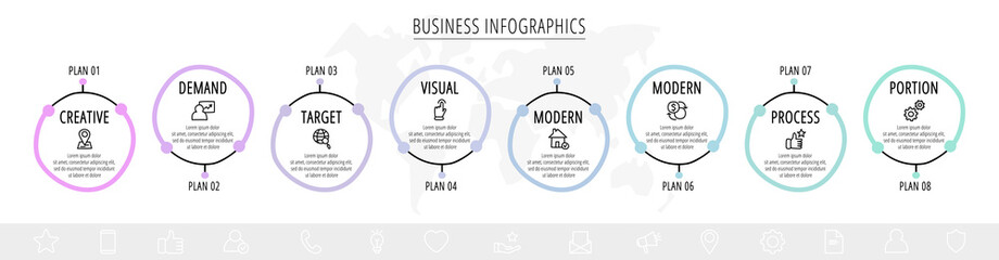 Drawn vector line infographics with 8 circles and icons. Flat chart process template with eight steps. Sketch timeline for business project, presentation, web, diagram