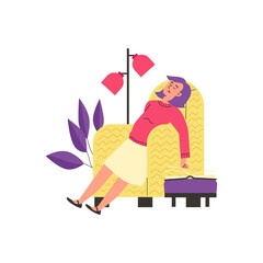 Obraz na płótnie Canvas Woman fell asleep in chair reading a book, flat vector illustration isolated.