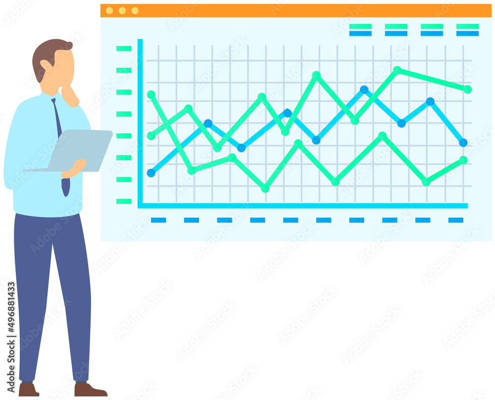 Poster man standing next to flipchart with diagram. presentation board with statistical data. business repo