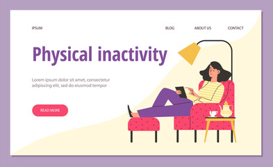 Physical inactivity and sedentary lifestyle website, flat vector illustration.