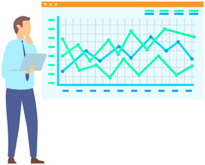 Fototapeta na wymiar Man standing next to flipchart with diagram. Presentation board with statistical data. Business report showroom with poster and lecturer. Businessman demonstrates results of statistical research