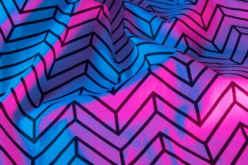 Wavy fabric with geometric pattern and magenta and blue hues. Neon abstract background.