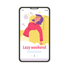 Lazy weekend onboarding page for mobile app, flat vector illustration.