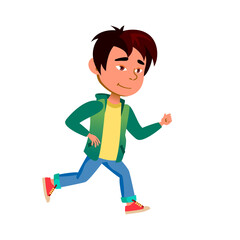 School Boy Child Running On Park Track Vector. Asian Happy Schoolboy Kid Running Marathon On Street Outdoor, Playing With Friend. Character Sprinter, Funny Activity Flat Cartoon Illustration