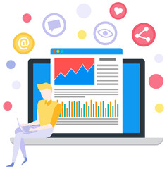 Male analyst analysing diagrams and bar chart on poster. Growth arrow and graphs with data on table. Marketing research results presentation. Manager checks statistical indicators, business statistics