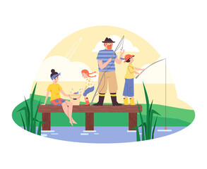 Lake bank with family fishing together, flat vector illustration isolated.