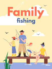 Family fishing and summer vacation banner template flat vector illustration.