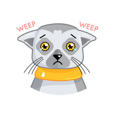 Cartoon funny lemur show crying and sad emotion with tears. Vector animal illustration for emoji, sticker, print. Feeling depression.