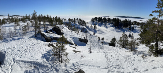 Fototapeta na wymiar Amazing winter landscapes in Ladoga Skerries national park, Northern Karelia