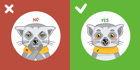 Cartoon funny lemur is agree and against on red and green colors. Vector animal in right and wrong pose. Cards for voting for children.