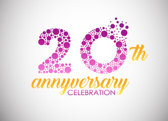 20 years anniversary celebration logo design with purple dots for greeting card, banner and invitation card. Happy birthday design of 20th years anniversary celebration.