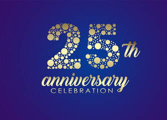 25 years anniversary celebration logo design with golden dots for greeting card, banner and invitation card. Happy birthday design of 25th years anniversary celebration.