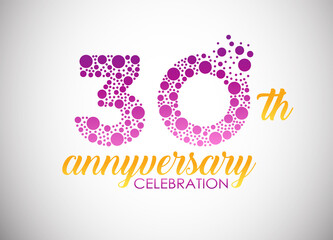 30 years anniversary celebration logo design with purple dots for greeting card, banner and invitation card. Happy birthday design of 30th years anniversary celebration.
