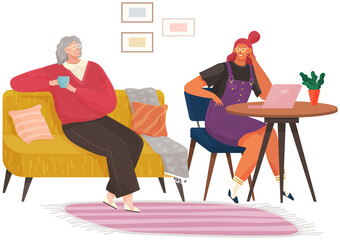 Women are talking together. Grandmother and granddaughter communicating, having conversation at home. Relatives relaxing and spending time together. Girl works with laptop, elderly woman drinks tea