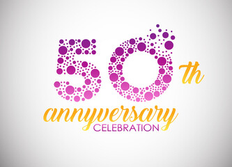 50 years anniversary celebration logo design with purple dots for greeting card, banner and invitation card. Happy birthday design of 50th years anniversary celebration.