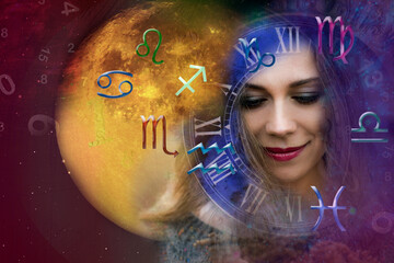Soul of a woman, full moon and astrological symbols
 - obrazy, fototapety, plakaty