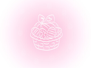 illustration of easter basket with painted chicken eggs on pink

