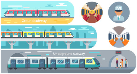 Metro station and passenger train vector illustration. Set with moving staircase, navigation, passenger seats, turnstile for website infographics. Trains of subway, high speed public transport metro - obrazy, fototapety, plakaty