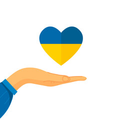 A hand holding a heart in the colors of the Ukrainian flag Support for Ukraine. Help concept. No war. Vector flat illustration. Isolated.