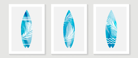 Abstract summer ocean activity wall art template. Blue surf wallpaper design with line art pattern and palm tree leaves. Sea painting for wall decoration, interior, background, cover, banner.