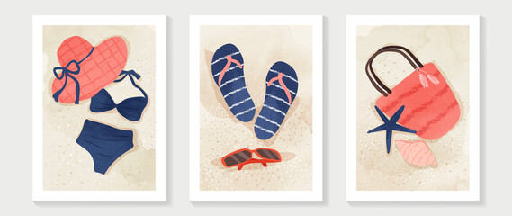 Abstract watercolor beach wall art template. Summer activity element wallpaper design with bikini, bag, hat for swimming. Ocean painting for wall decoration, interior, background, cover, banner.