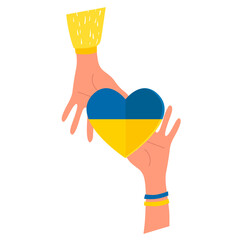 Hands holding a heart in the colors of the Ukrainian flag. Support for Ukraine. Help concept. No war. Vector flat illustration. Isolated.