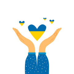 Support for Ukraine. Help concept. No war. Heart color of the Ukrainian flag. Vector flat illustration. Isolated.