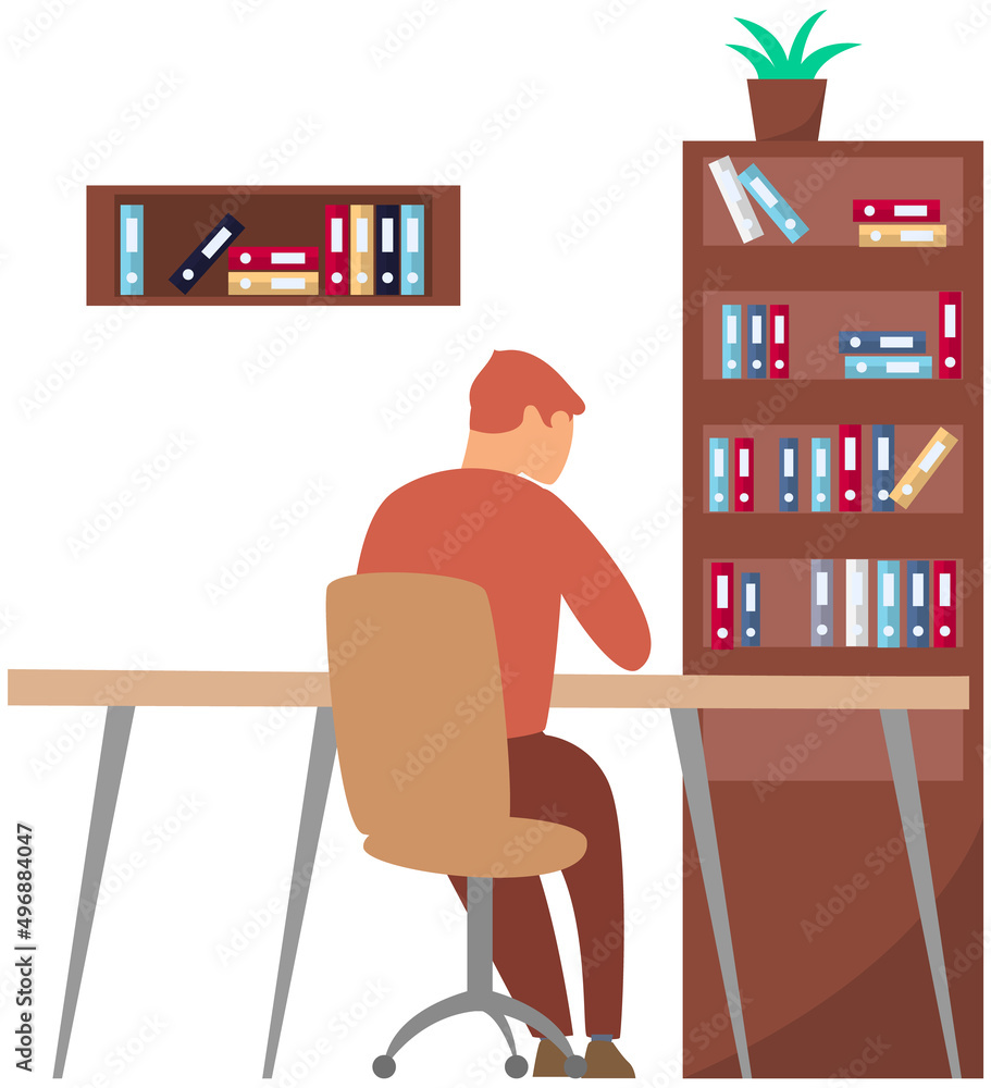 Poster young man reading books at home or working with document in office sitting at table back view. self-