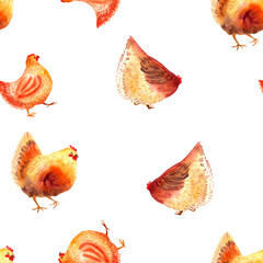 watercolor seamless pattern with  cute chickens