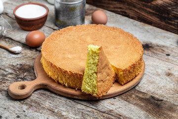 biscuit cake. Homemade classic sponge cake or biscuit. Bakery background concept. banner, menu recipe place for text