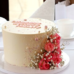Elegancki tort w kolorze kremowym ozdobiony różami - obrazy, fototapety, plakaty