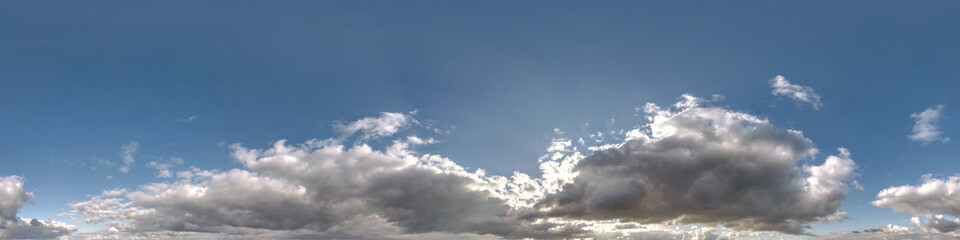 blue sky hdr 360 panorama with sun hid behind the clouds in seamless projection with zenith for use in 3d graphics or game development as sky dome or edit drone shot for sky replacement