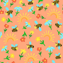Seamless childish pattern with cute bees and flowers on pink background