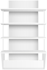 White empty supermarket retail store shelves isolated on white background vector illustration. Modern stylish wooden shelves furniture of high quality for books and decorations trade equipment