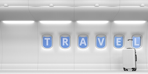Plane portholes with TRAVEL text, 3d rendering