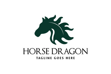 Silhouette of Horse Stallion Dragon Fire Flame Logo Design Vector