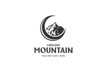 Vintage Retro Crescent Moon with Ice Rock Mountain for Night Outdoor Adventure Logo Design Vector