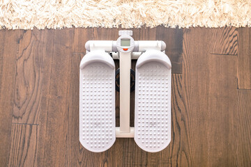 Stepper for home training. Mini stepper. Top view, copy space
