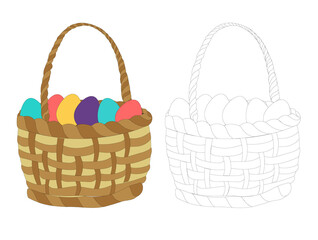 colorful easter eggs in a willow wicker basket