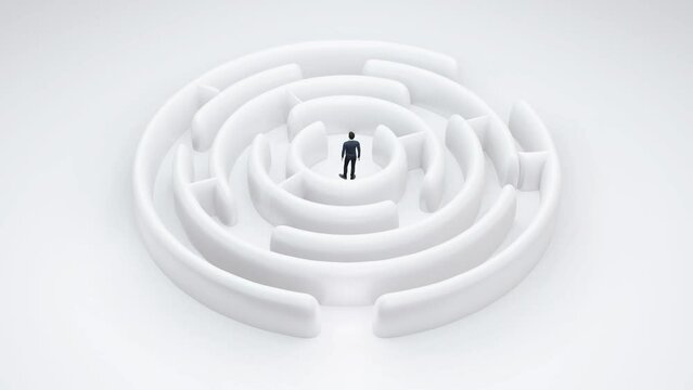 Human standing in the middle of maze. Business strategy thinking concept. Lost person inside labyrinth walls, lonely man, motion graphics
