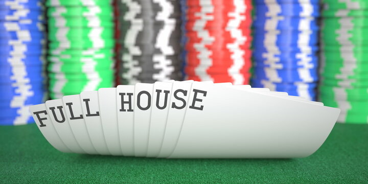 Playing cards with full house text. 3d rendering