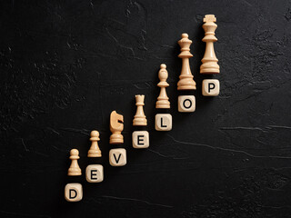 The word develop on wooden cubes with chess pieces.