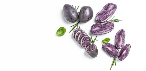 Raw cut purple sweet potatoes isolated on white background. Ipomoea batatas. Batata potato. Long banner format. top view
