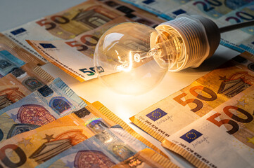 Light bulb turned on, with Euro banknotes around. Increase in electricity tariffs, energy dependence, energy sources and energy supplies.
