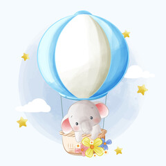 Cute elephant floating on hot air balloon cartoon illustration