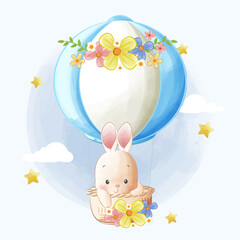 Cute bunny floating on hot air balloon cartoon illustration