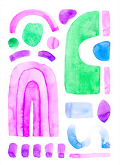 Abstract hand painted boho shapes painting, modern pastel coloured paint, watercolour background isolated on white background. Fun and creative colourful geometry shapes