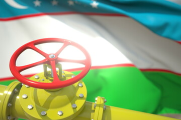 Gas or oil pipe valve and flag of Uzbekistan. Conceptual 3d rendering